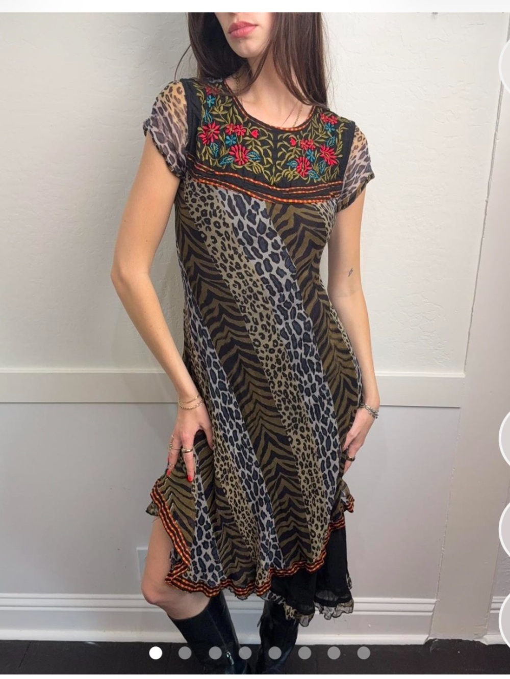 Boho Animal-Print Embroidered Shift Dress - Multi Brown